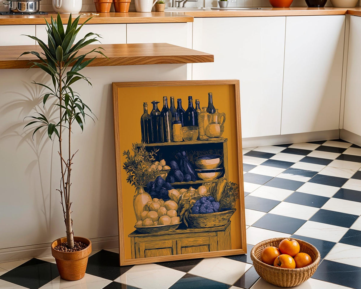 Mediterranean Pantry Wall Art, Italian Kitchen Print, Rustic Fruit & Wine Poster, Mustard Yellow Food Illustration (Framed...