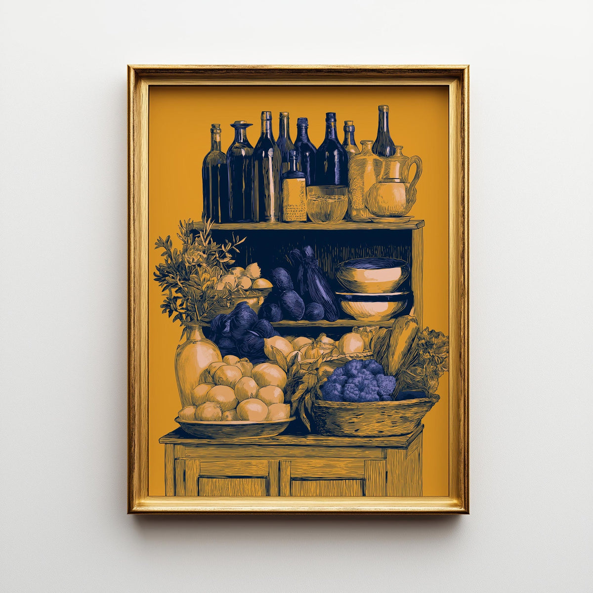 Mediterranean Pantry Wall Art, Italian Kitchen Print, Rustic Fruit & Wine Poster, Mustard Yellow Food Illustration (Framed...