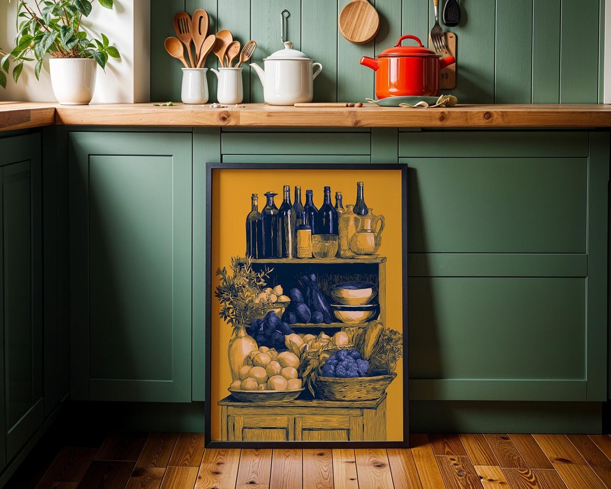 Mediterranean Pantry Wall Art, Italian Kitchen Print, Rustic Fruit & Wine Poster, Mustard Yellow Food Illustration (Framed...