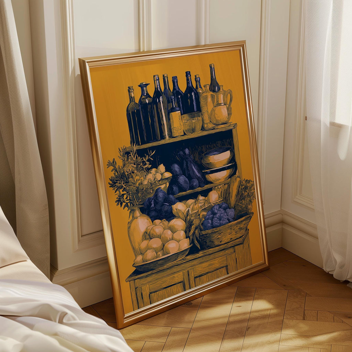 Mediterranean Pantry Wall Art, Italian Kitchen Print, Rustic Fruit & Wine Poster, Mustard Yellow Food Illustration (Framed...