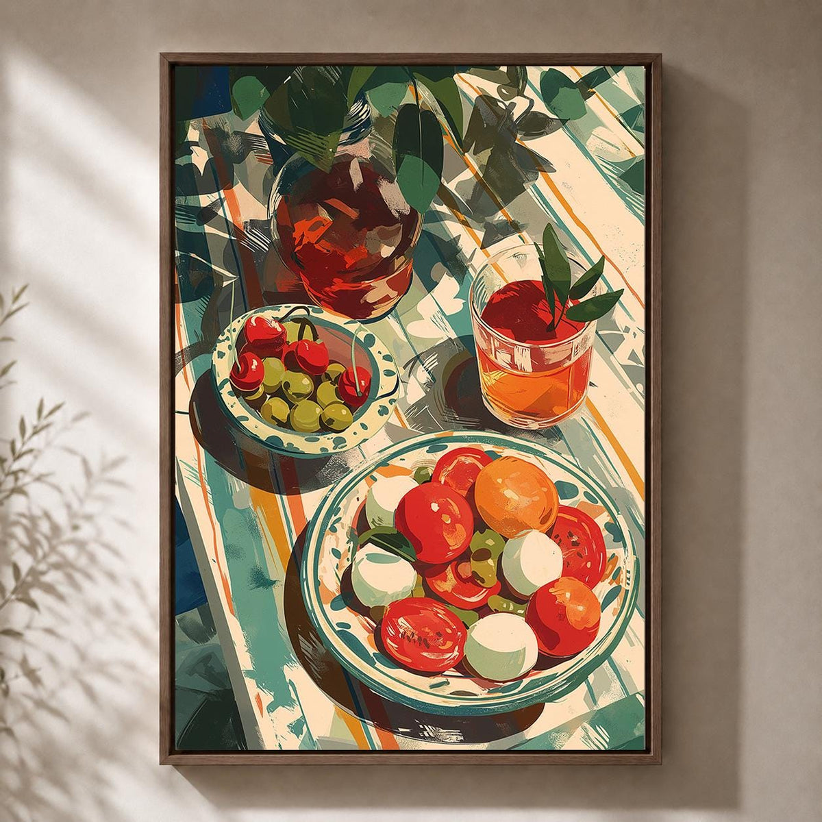 Mediterranean Summer Table Framed Canvas Print, Italian Tomato Salad Artwork, Kitchen Dining Wall Art by The Wall Art Stud...