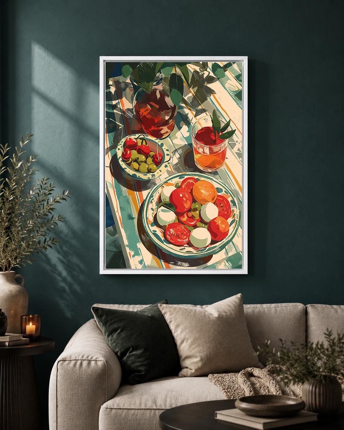 Mediterranean Summer Table Framed Canvas Print, Italian Tomato Salad Artwork, Kitchen Dining Wall Art by The Wall Art Stud...