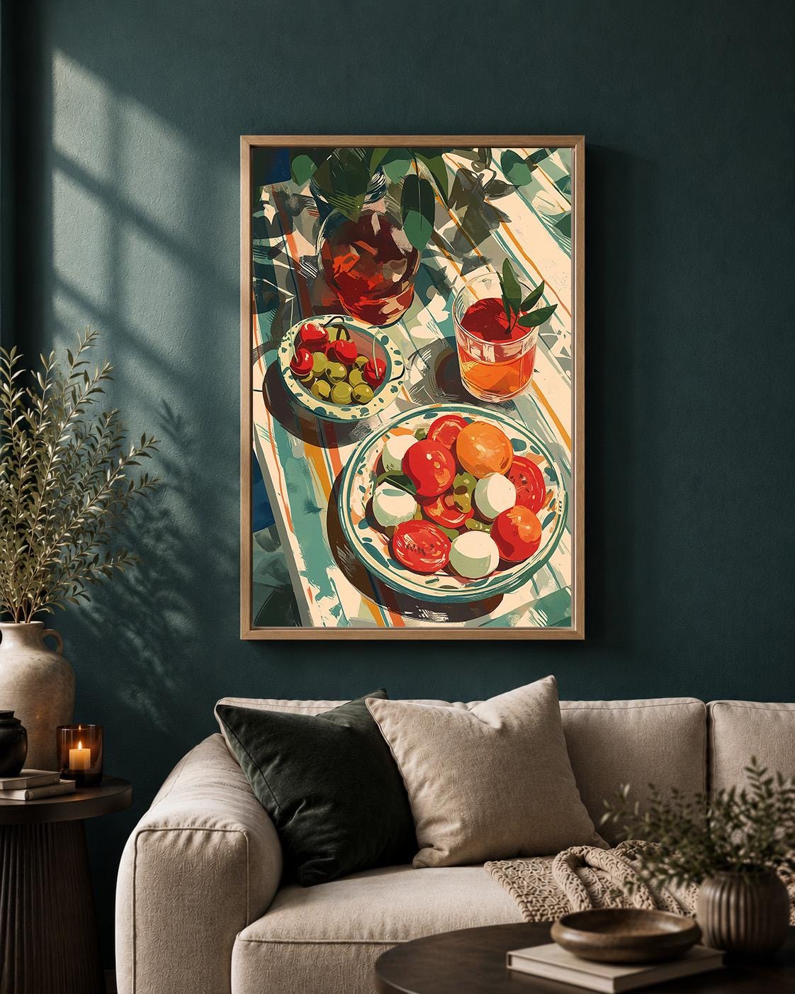 Mediterranean Summer Table Framed Canvas Print, Italian Tomato Salad Artwork, Kitchen Dining Wall Art by The Wall Art Stud...