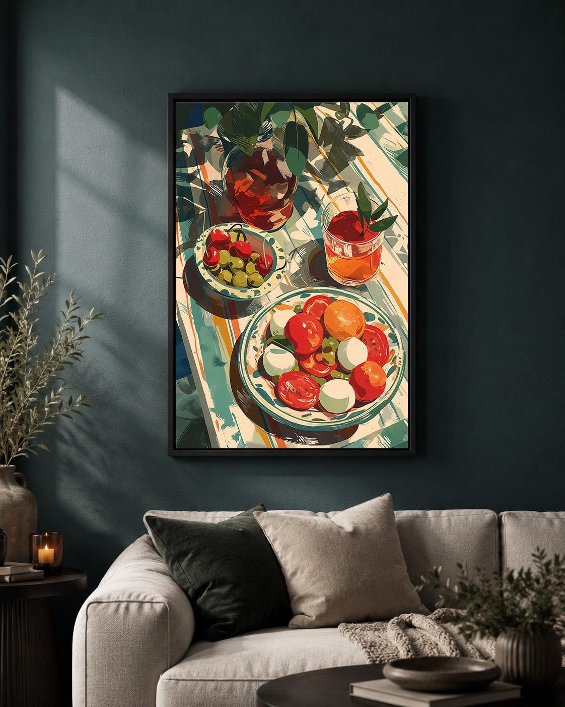 Mediterranean Summer Table Framed Canvas Print, Italian Tomato Salad Artwork, Kitchen Dining Wall Art by The Wall Art Stud...