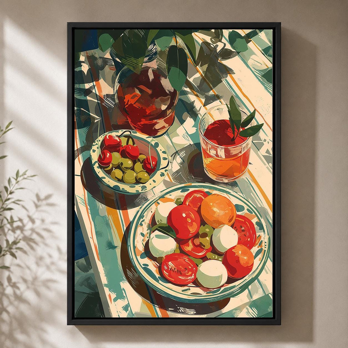 Mediterranean Summer Table Framed Canvas Print, Italian Tomato Salad Artwork, Kitchen Dining Wall Art by The Wall Art Stud...