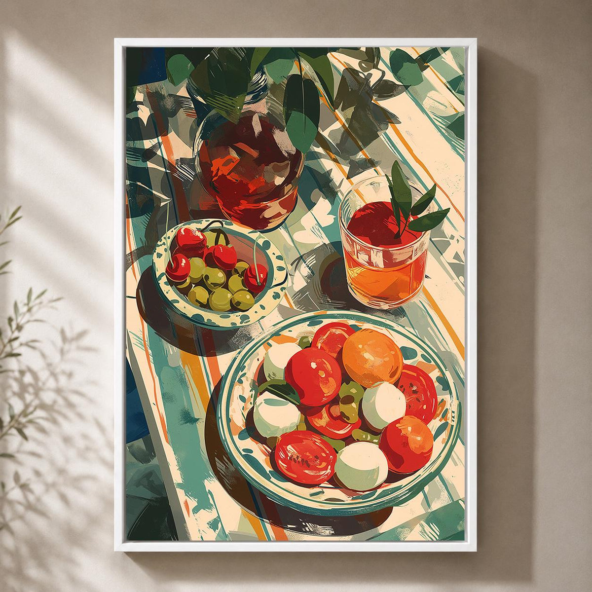 Mediterranean Summer Table Framed Canvas Print, Italian Tomato Salad Artwork, Kitchen Dining Wall Art by The Wall Art Stud...