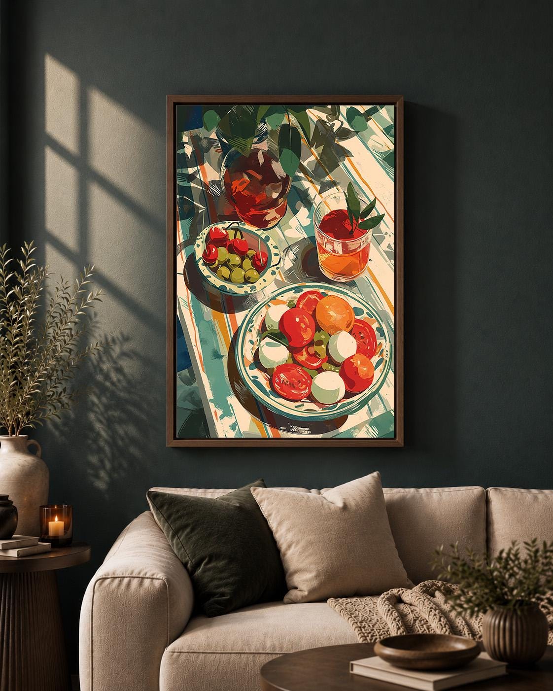 Mediterranean Summer Table Framed Canvas Print, Italian Tomato Salad Artwork, Kitchen Dining Wall Art by The Wall Art Stud...