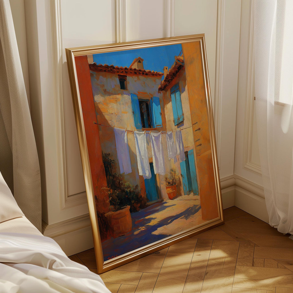 Mediterranean Village Laundry Art Print, Italian Coastal Street Scene Poster (Framed Option) by The Wall Art Studio - phys...