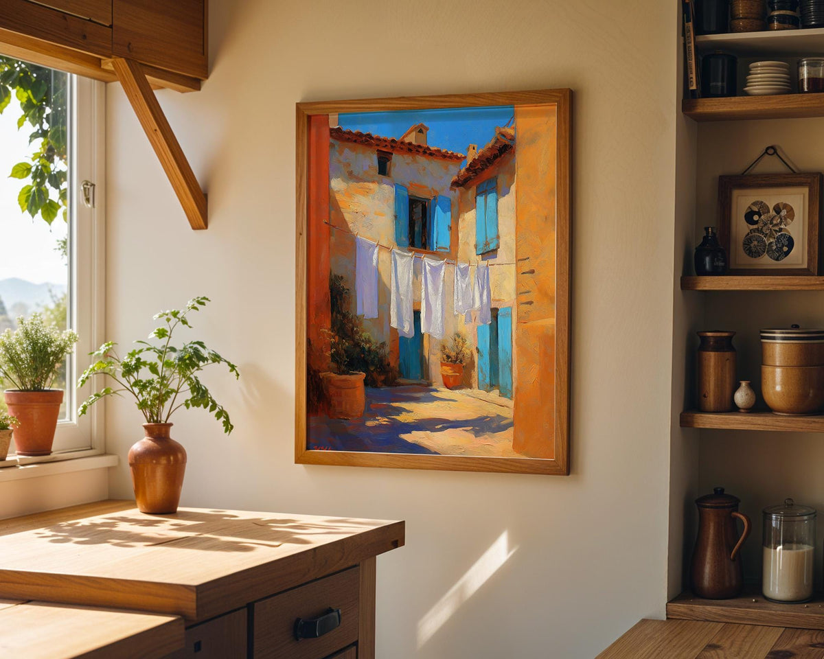 Mediterranean Village Laundry Art Print, Italian Coastal Street Scene Poster (Framed Option) by The Wall Art Studio - phys...