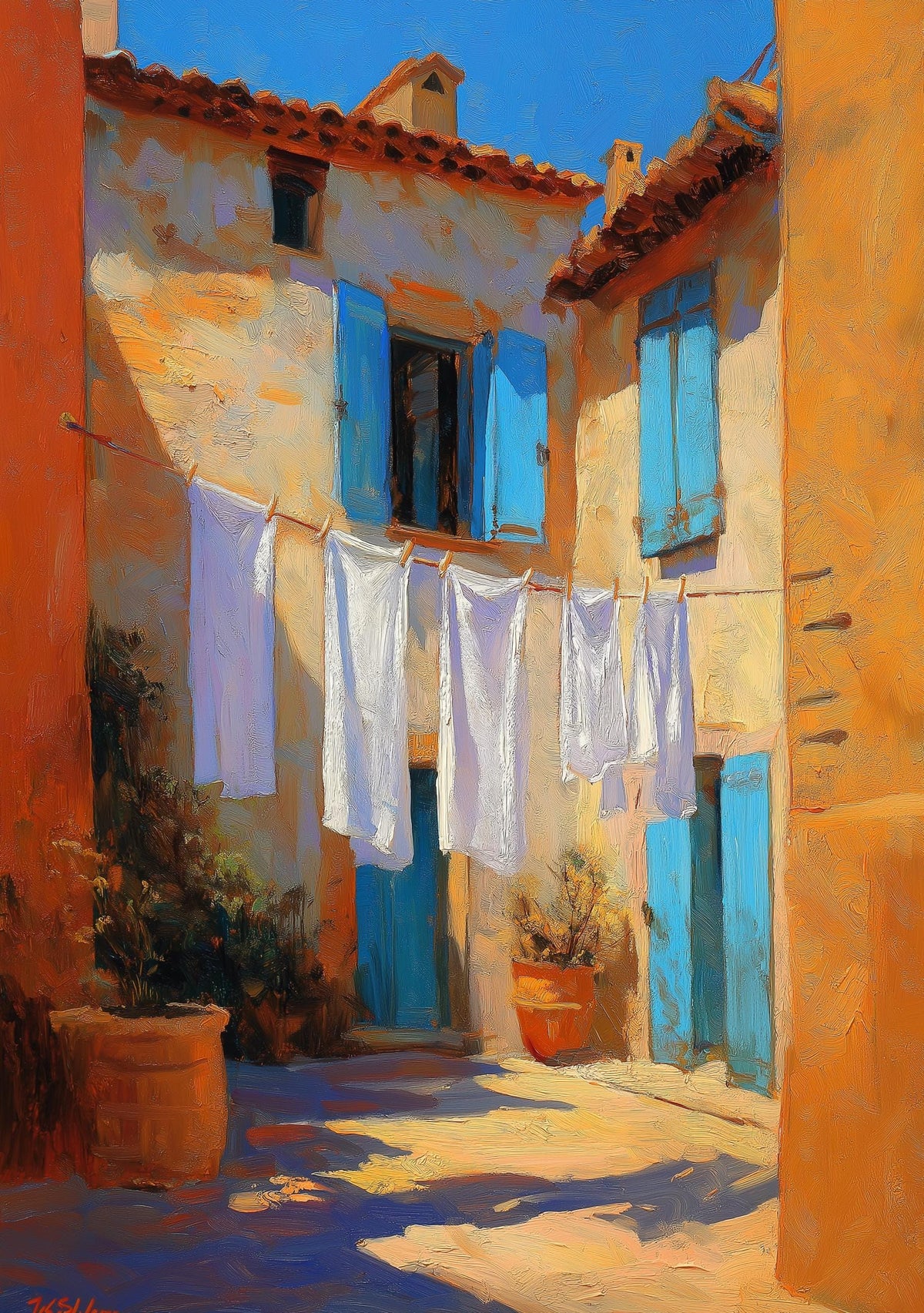 Mediterranean Village Laundry Art Print, Italian Coastal Street Scene Poster (Framed Option) by The Wall Art Studio - phys...