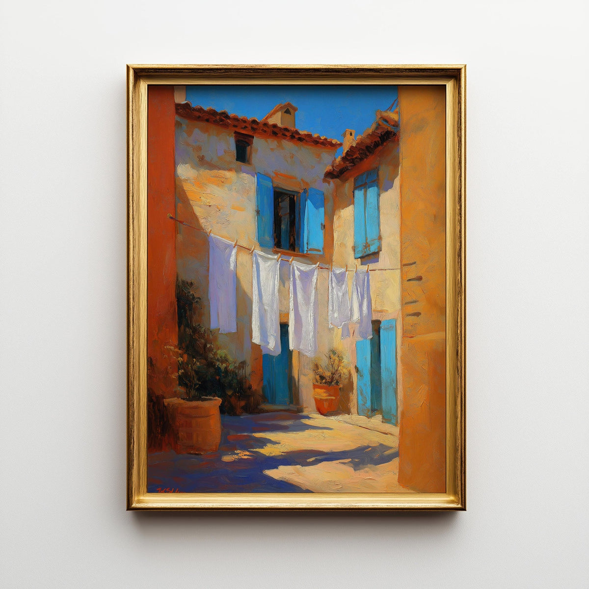 Mediterranean Village Laundry Art Print, Italian Coastal Street Scene Poster (Framed Option) by The Wall Art Studio - phys...