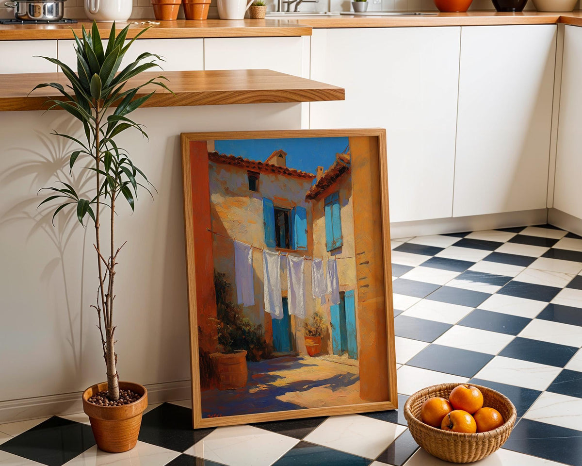 Mediterranean Village Laundry Art Print, Italian Coastal Street Scene Poster (Framed Option) by The Wall Art Studio - phys...