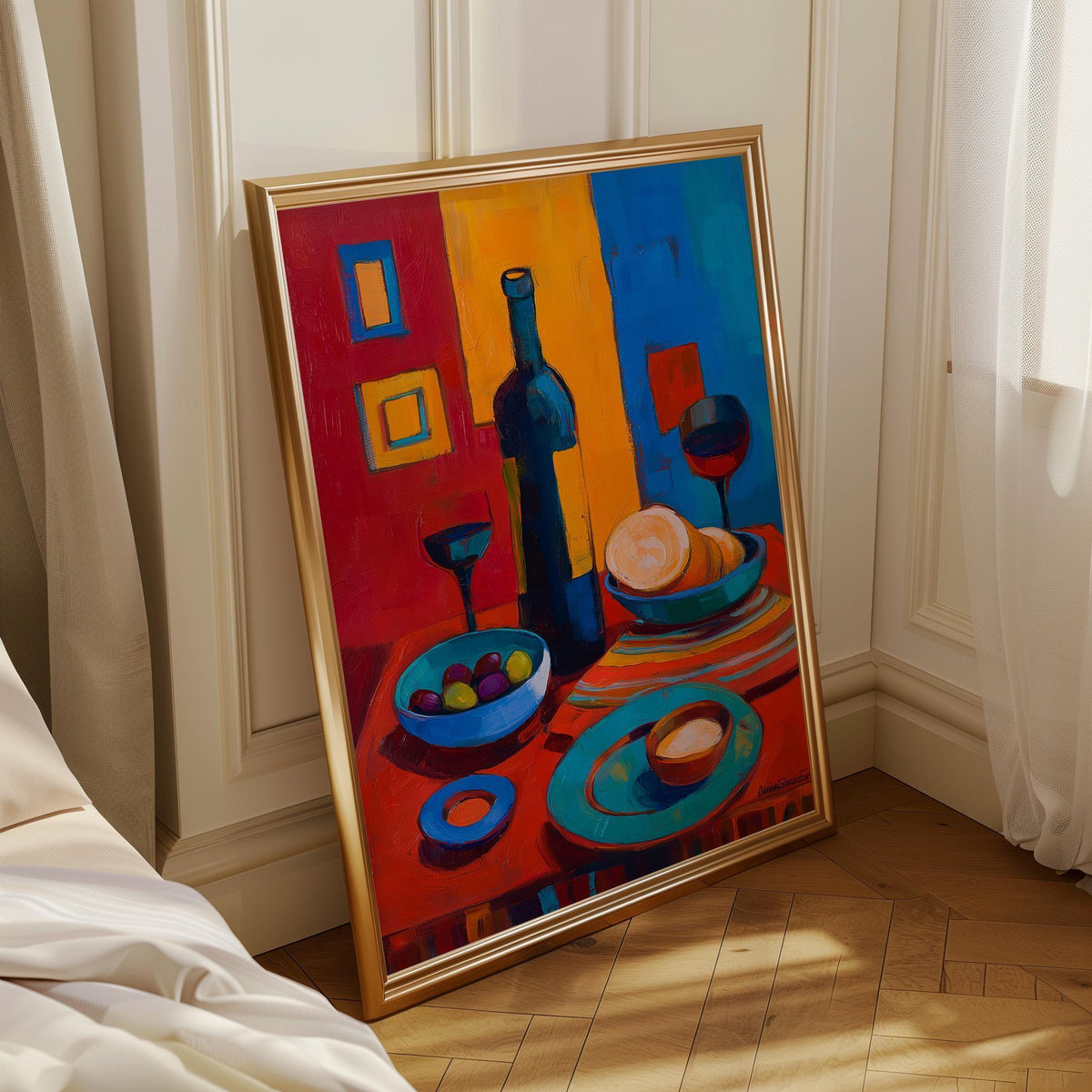 Mediterranean Wine Olive Still Life Painting, Colorful Kitchen Dining Room Art (Framed Option) by The Wall Art Studio - ph...