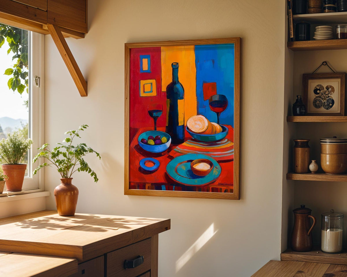 Mediterranean Wine Olive Still Life Painting, Colorful Kitchen Dining Room Art (Framed Option) by The Wall Art Studio - ph...