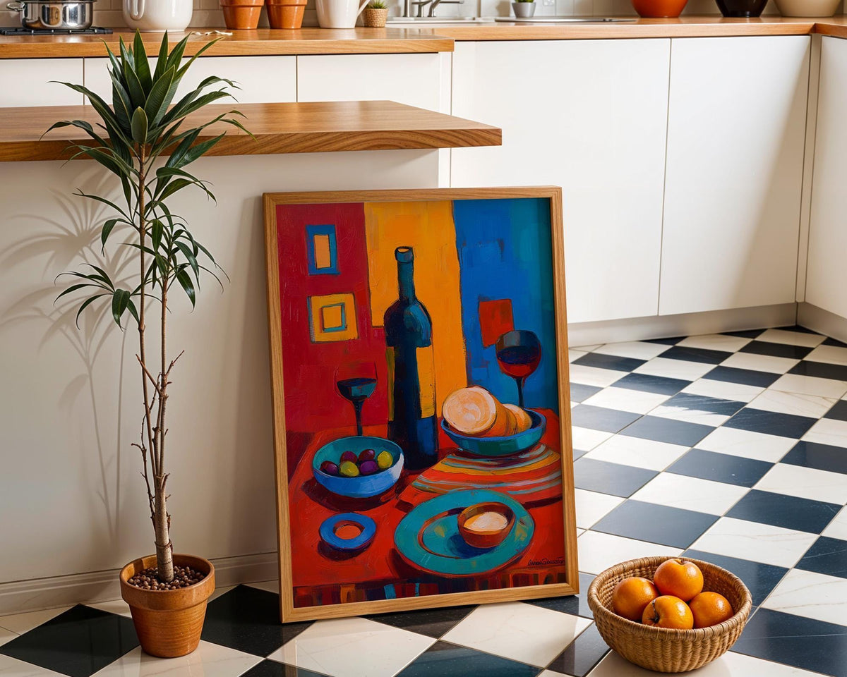 Mediterranean Wine Olive Still Life Painting, Colorful Kitchen Dining Room Art (Framed Option) by The Wall Art Studio - ph...