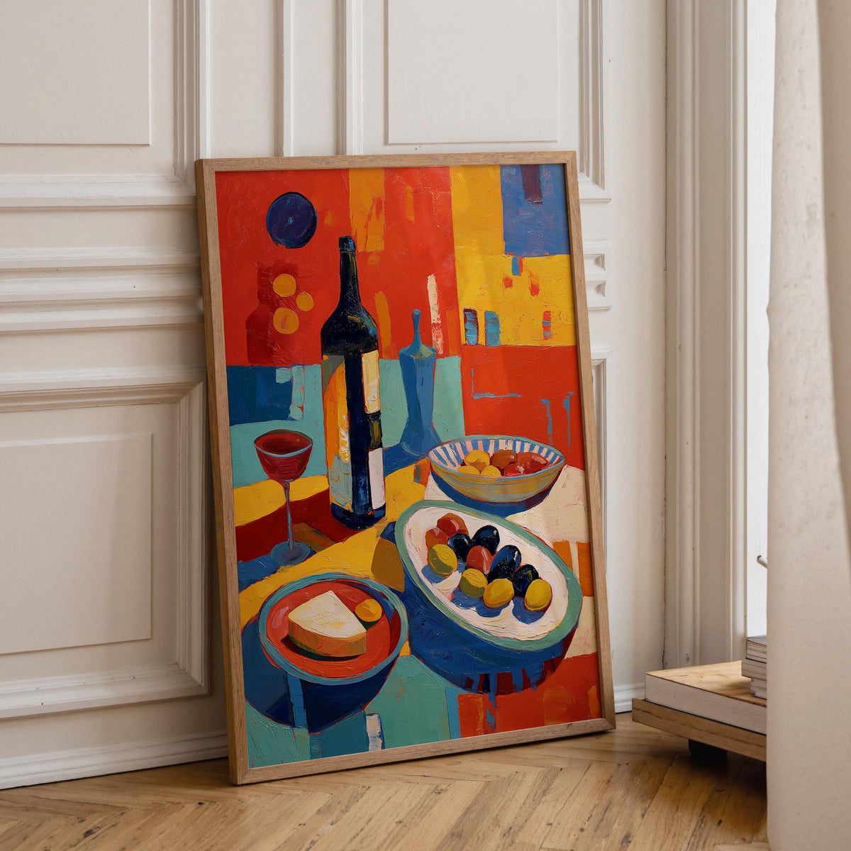 Mediterranean Wine & Olive Wall Art Print, Colorful Kitchen Decor, Italian Food Painting, Modern Still Life Dining Room Ar...
