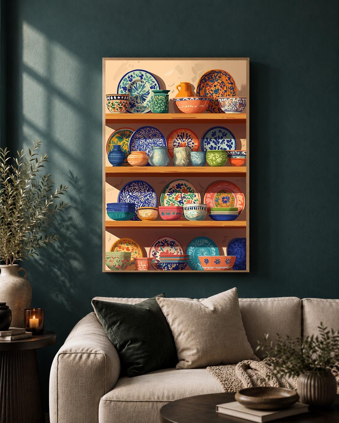 Mexican Talavera Pottery Shelf Framed Canvas, Colorful Boho Kitchen Canvas by The Wall Art Studio - physical