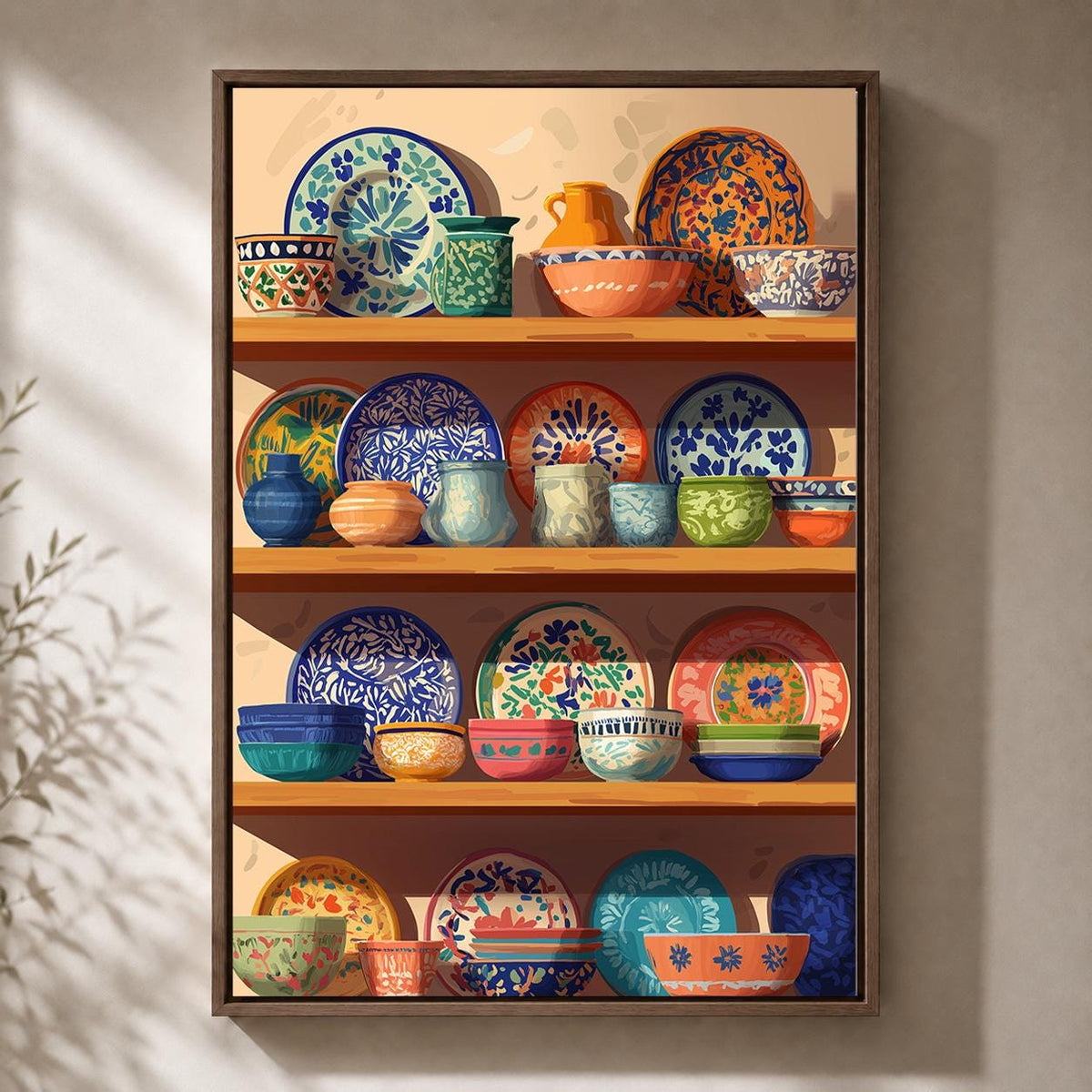 Mexican Talavera Pottery Shelf Framed Canvas, Colorful Boho Kitchen Canvas by The Wall Art Studio - physical