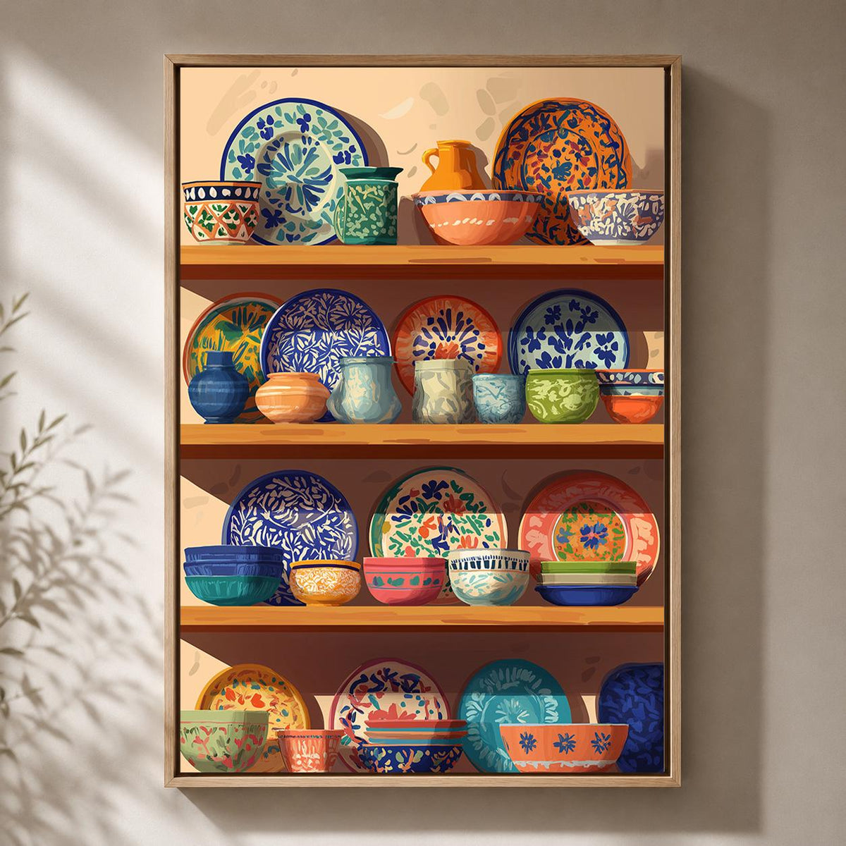 Mexican Talavera Pottery Shelf Framed Canvas, Colorful Boho Kitchen Canvas by The Wall Art Studio - physical