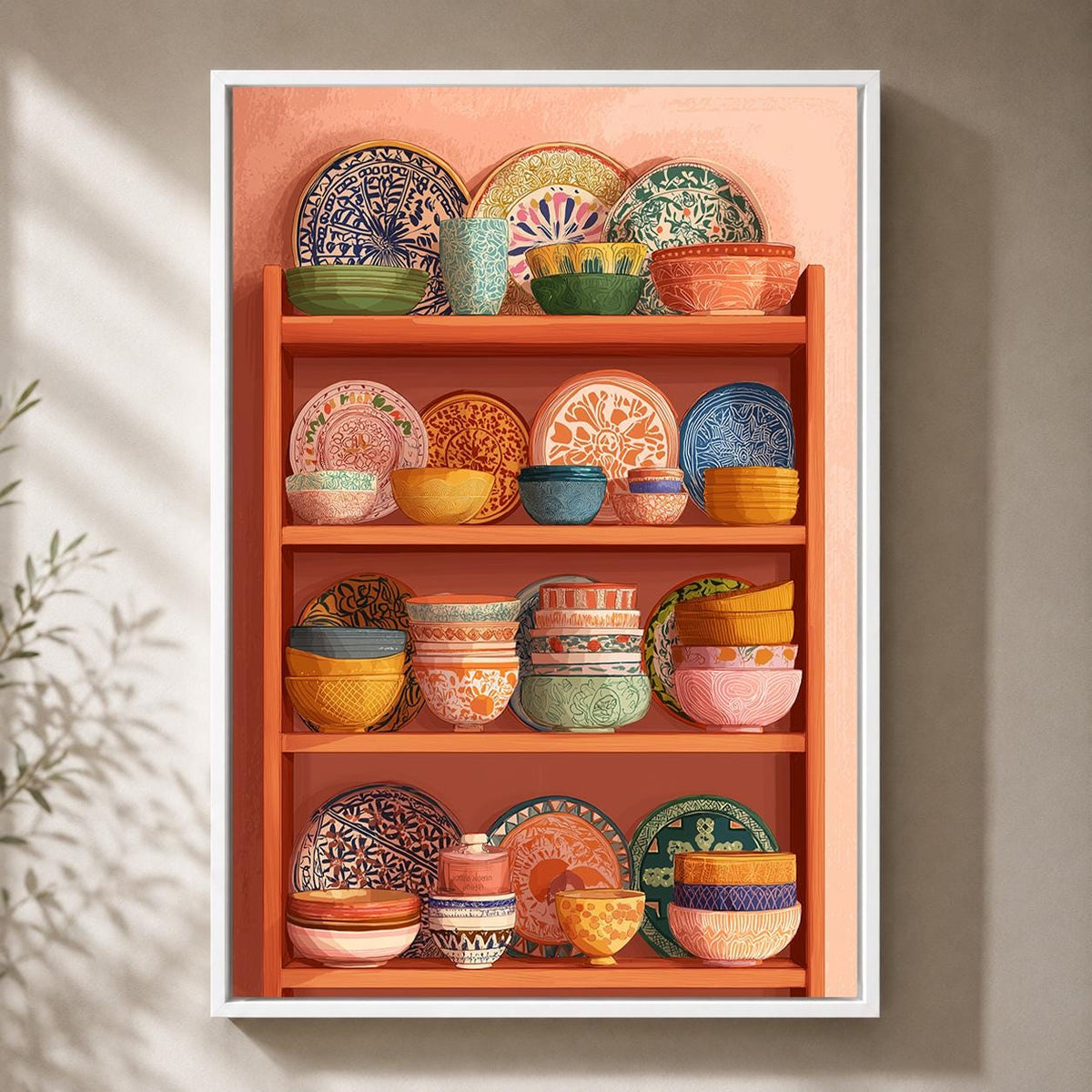 Mexican Talavera Pottery Shelf Framed Canvas, Colorful Boho Kitchen Frame by The Wall Art Studio - physical