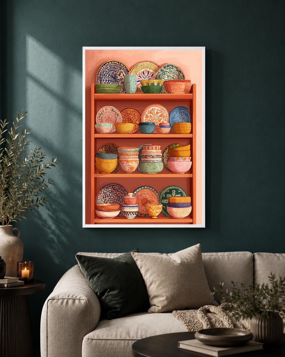 Mexican Talavera Pottery Shelf Framed Canvas, Colorful Boho Kitchen Frame by The Wall Art Studio - physical