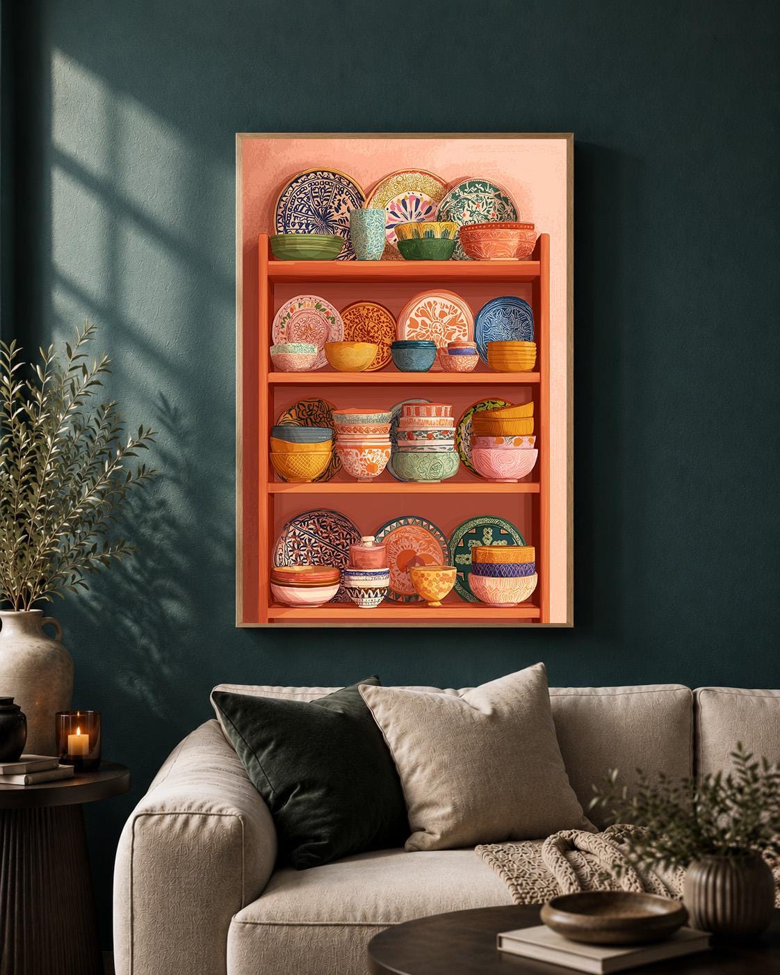 Mexican Talavera Pottery Shelf Framed Canvas, Colorful Boho Kitchen Frame by The Wall Art Studio - physical