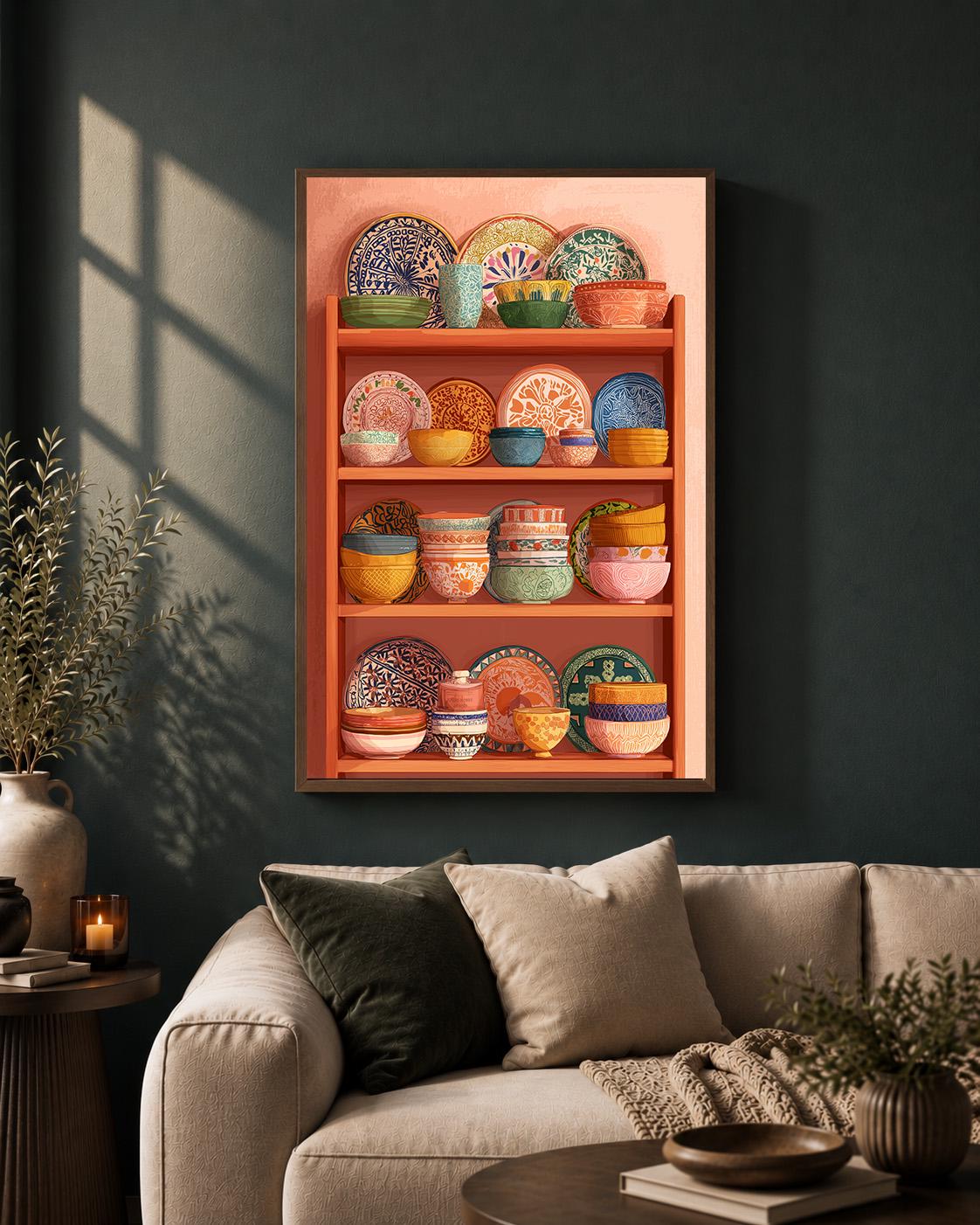 Mexican Talavera Pottery Shelf Framed Canvas, Colorful Boho Kitchen Frame by The Wall Art Studio - physical