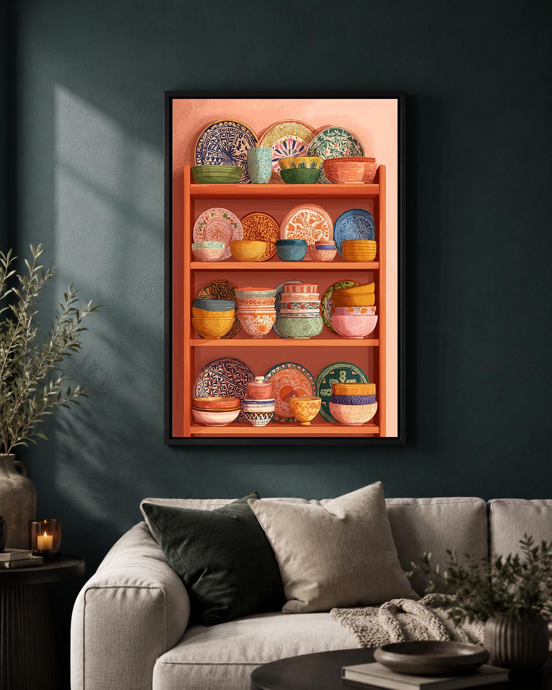 Mexican Talavera Pottery Shelf Framed Canvas, Colorful Boho Kitchen Frame by The Wall Art Studio - physical