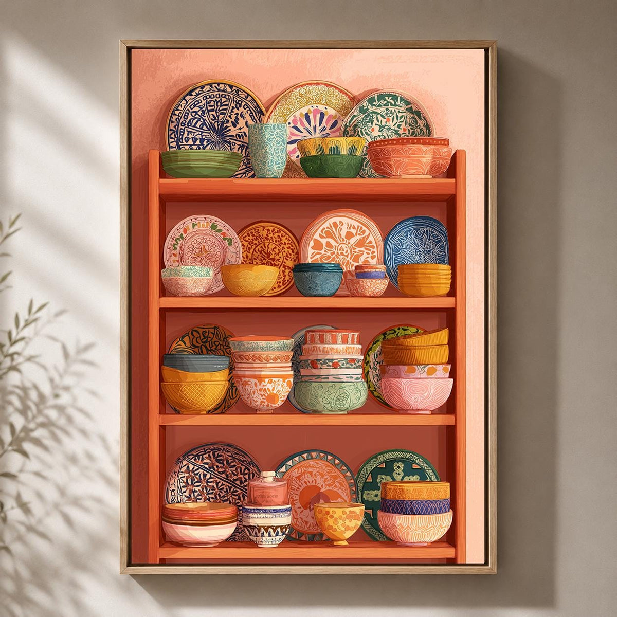 Mexican Talavera Pottery Shelf Framed Canvas, Colorful Boho Kitchen Frame by The Wall Art Studio - physical