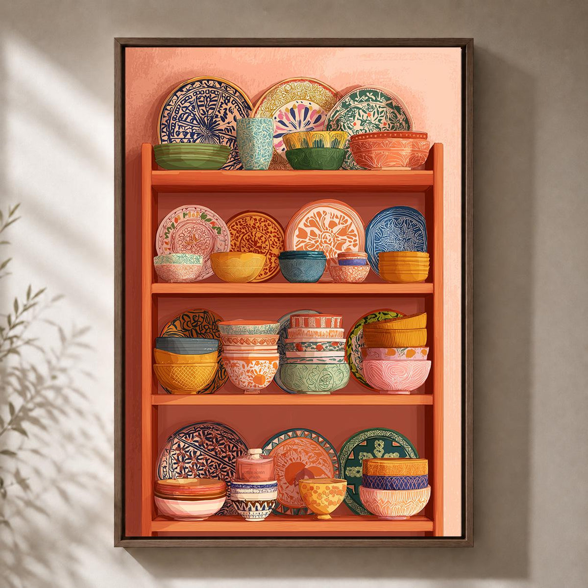 Mexican Talavera Pottery Shelf Framed Canvas, Colorful Boho Kitchen Frame by The Wall Art Studio - physical