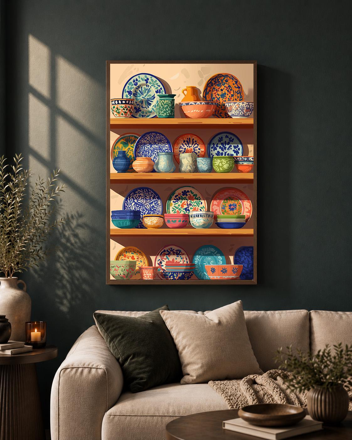 Mexican Talavera Pottery Shelf Framed Canvas, Colorful Boho Kitchen Canvas by The Wall Art Studio - physical