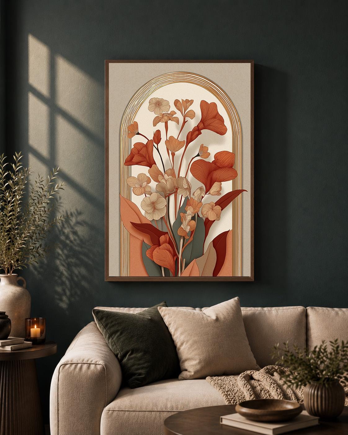 Mid Century Botanical Arch Framed Canvas, Terracotta Floral Canvas Wall Art, Boho Decor by The Wall Art Studio - physical