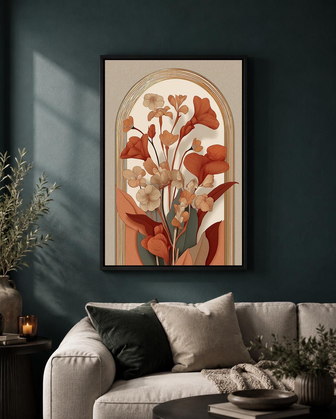Mid Century Botanical Arch Framed Canvas, Terracotta Floral Canvas Wall Art, Boho Decor by The Wall Art Studio - physical
