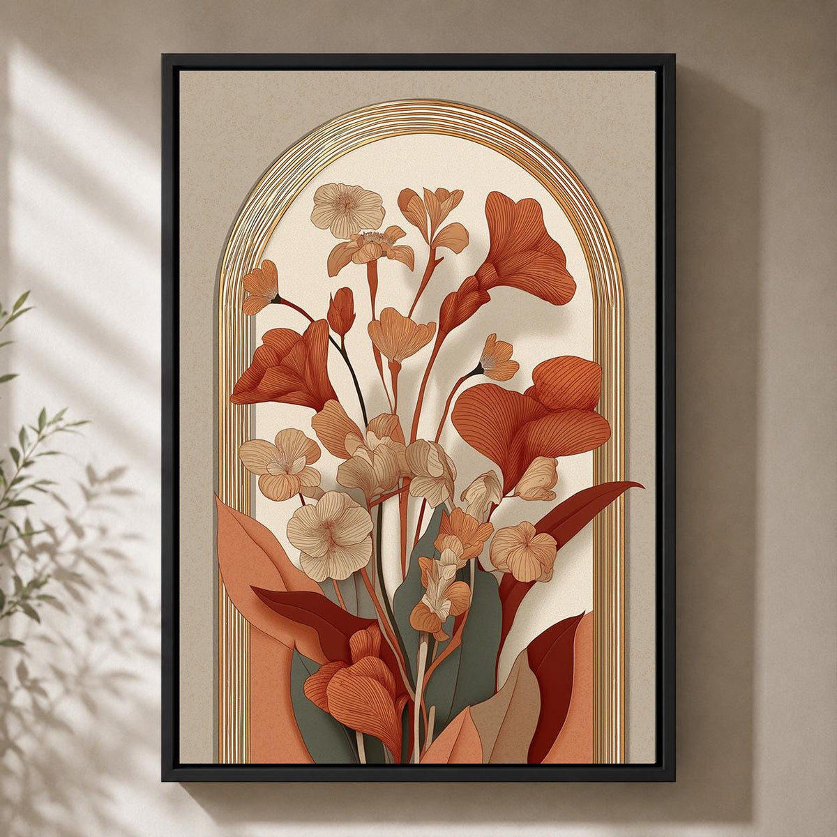 Mid Century Botanical Arch Framed Canvas, Terracotta Floral Canvas Wall Art, Boho Decor by The Wall Art Studio - physical