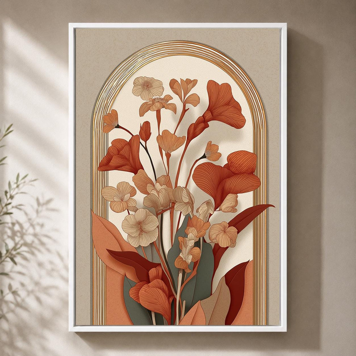Mid Century Botanical Arch Framed Canvas, Terracotta Floral Canvas Wall Art, Boho Decor by The Wall Art Studio - physical