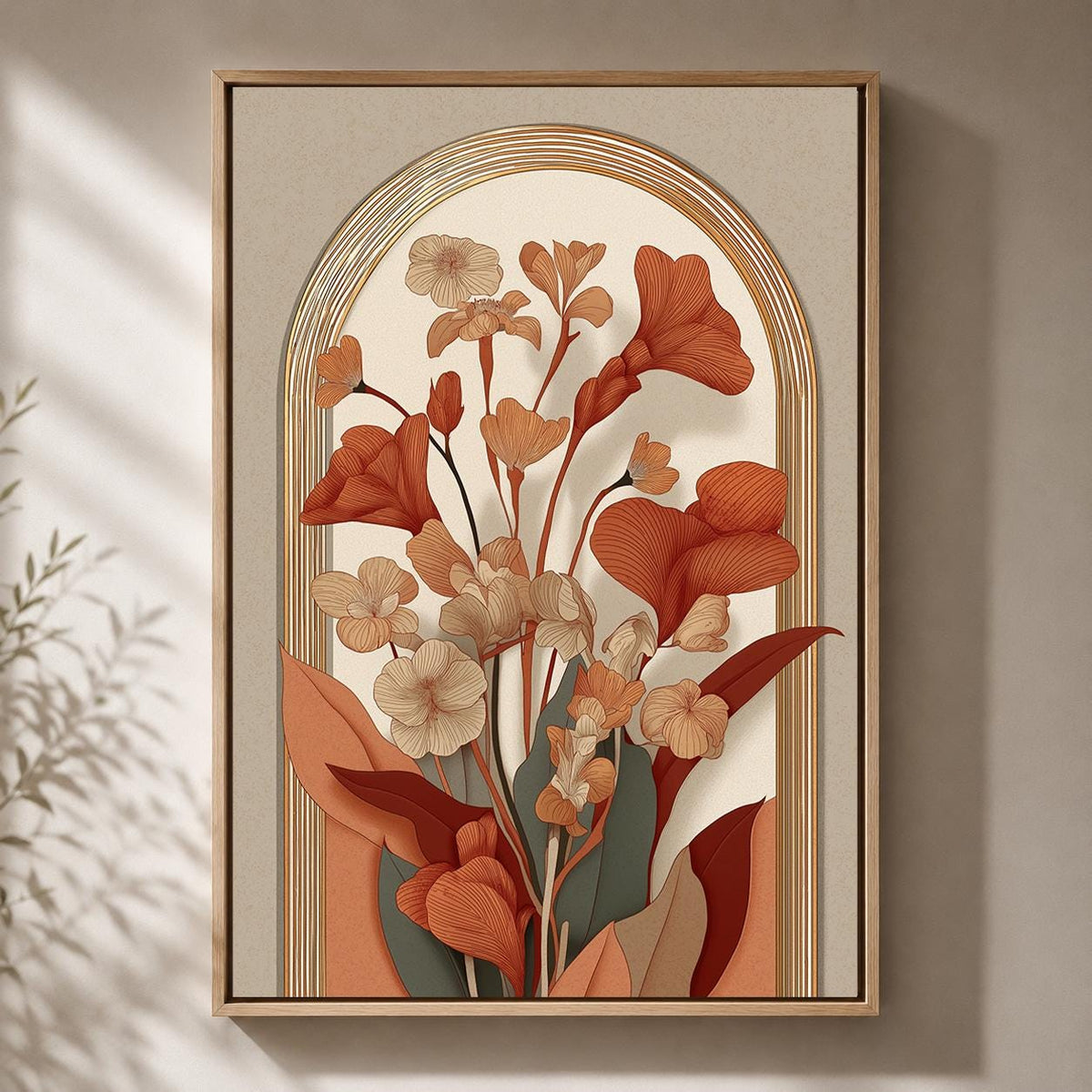 Mid Century Botanical Arch Framed Canvas, Terracotta Floral Canvas Wall Art, Boho Decor by The Wall Art Studio - physical