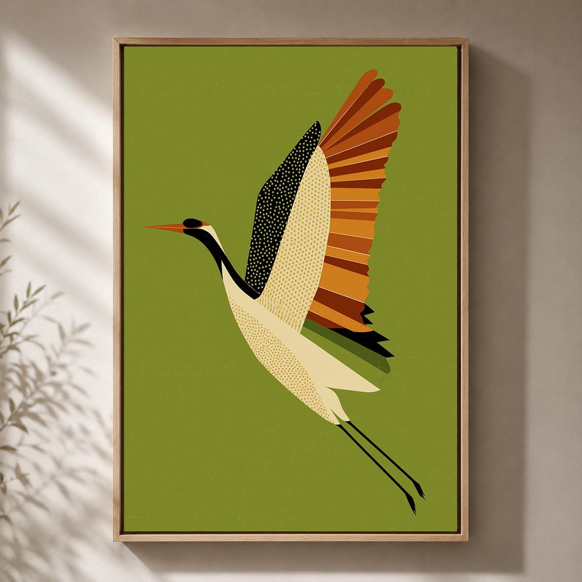 Mid Century Crane Framed Canvas Art, Olive Green Japanese Bird Print, Japandi Decor by The Wall Art Studio - physical