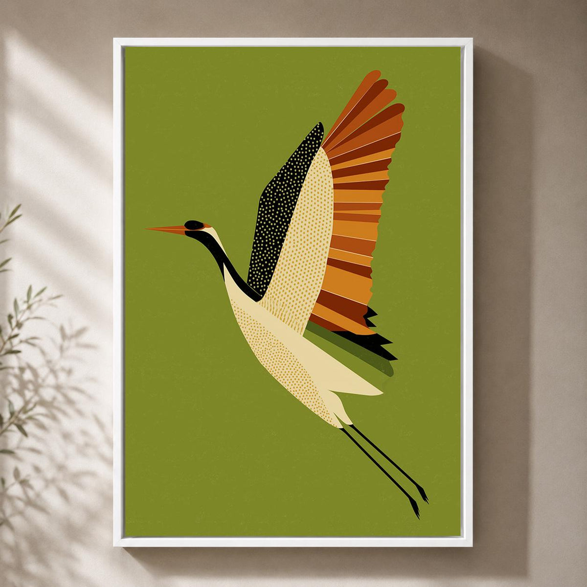 Mid Century Crane Framed Canvas Art, Olive Green Japanese Bird Print, Japandi Decor by The Wall Art Studio - physical