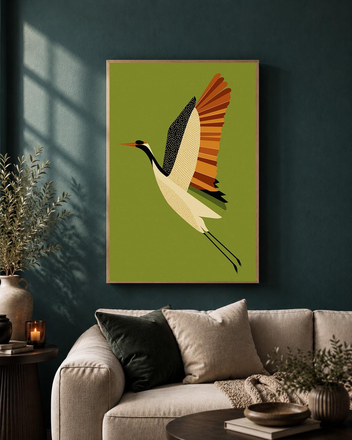 Mid Century Crane Framed Canvas Art, Olive Green Japanese Bird Print, Japandi Decor by The Wall Art Studio - physical