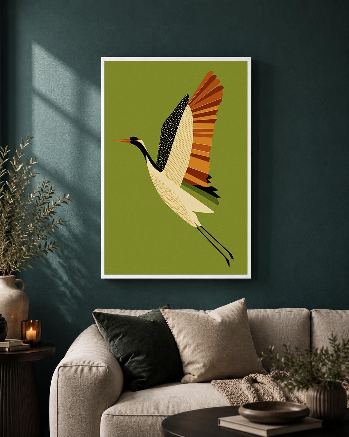 Mid Century Crane Framed Canvas Art, Olive Green Japanese Bird Print, Japandi Decor by The Wall Art Studio - physical
