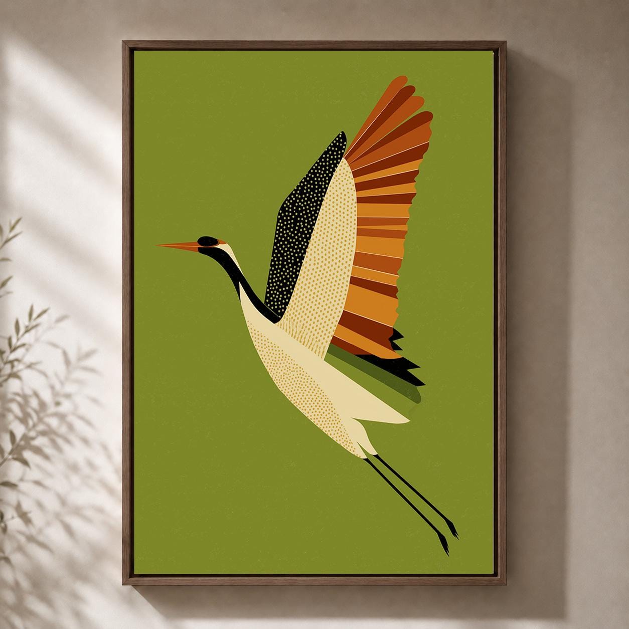 Mid Century Crane Framed Canvas Art, Olive Green Japanese Bird Print, Japandi Decor by The Wall Art Studio - physical