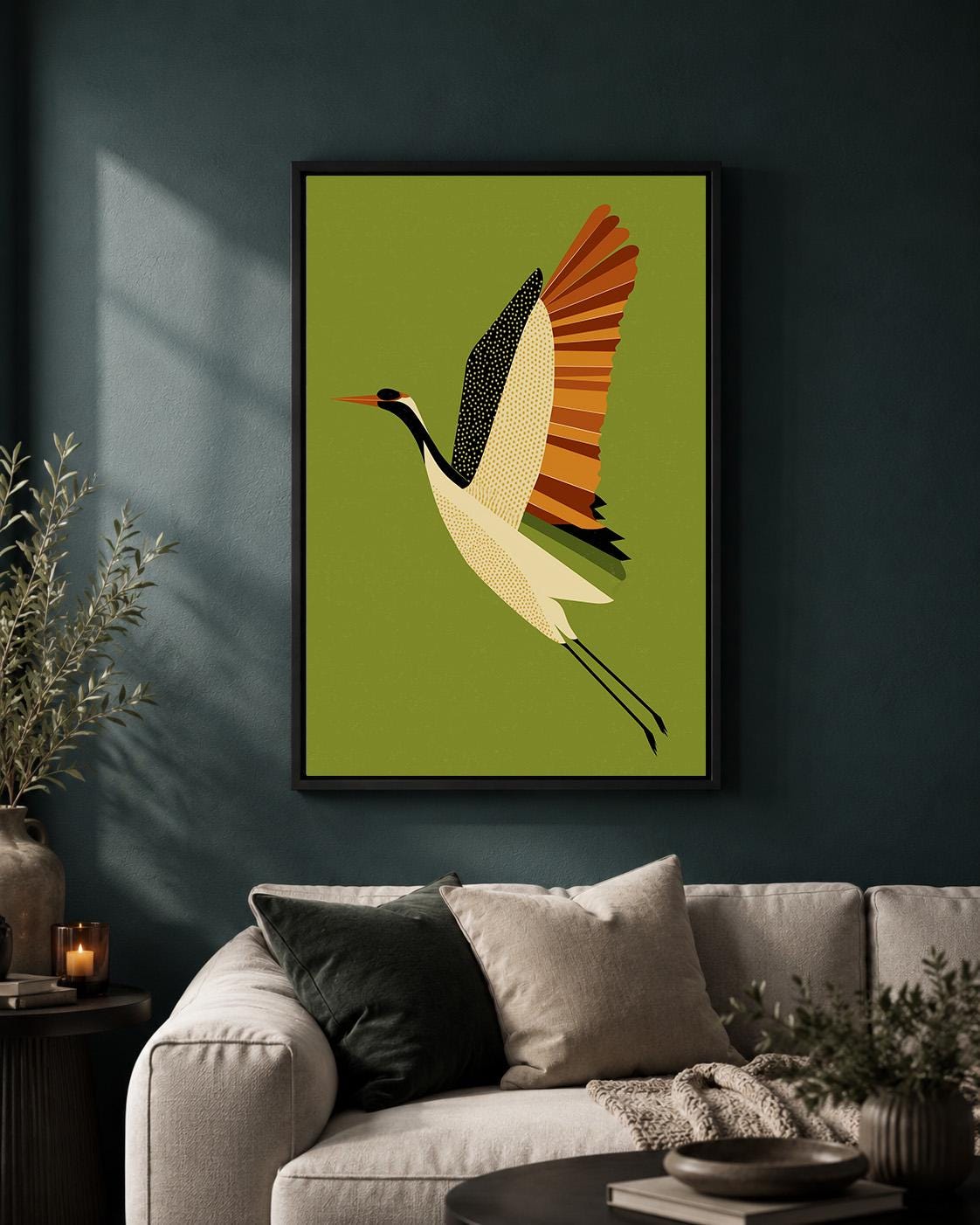 Mid Century Crane Framed Canvas Art, Olive Green Japanese Bird Print, Japandi Decor by The Wall Art Studio - physical