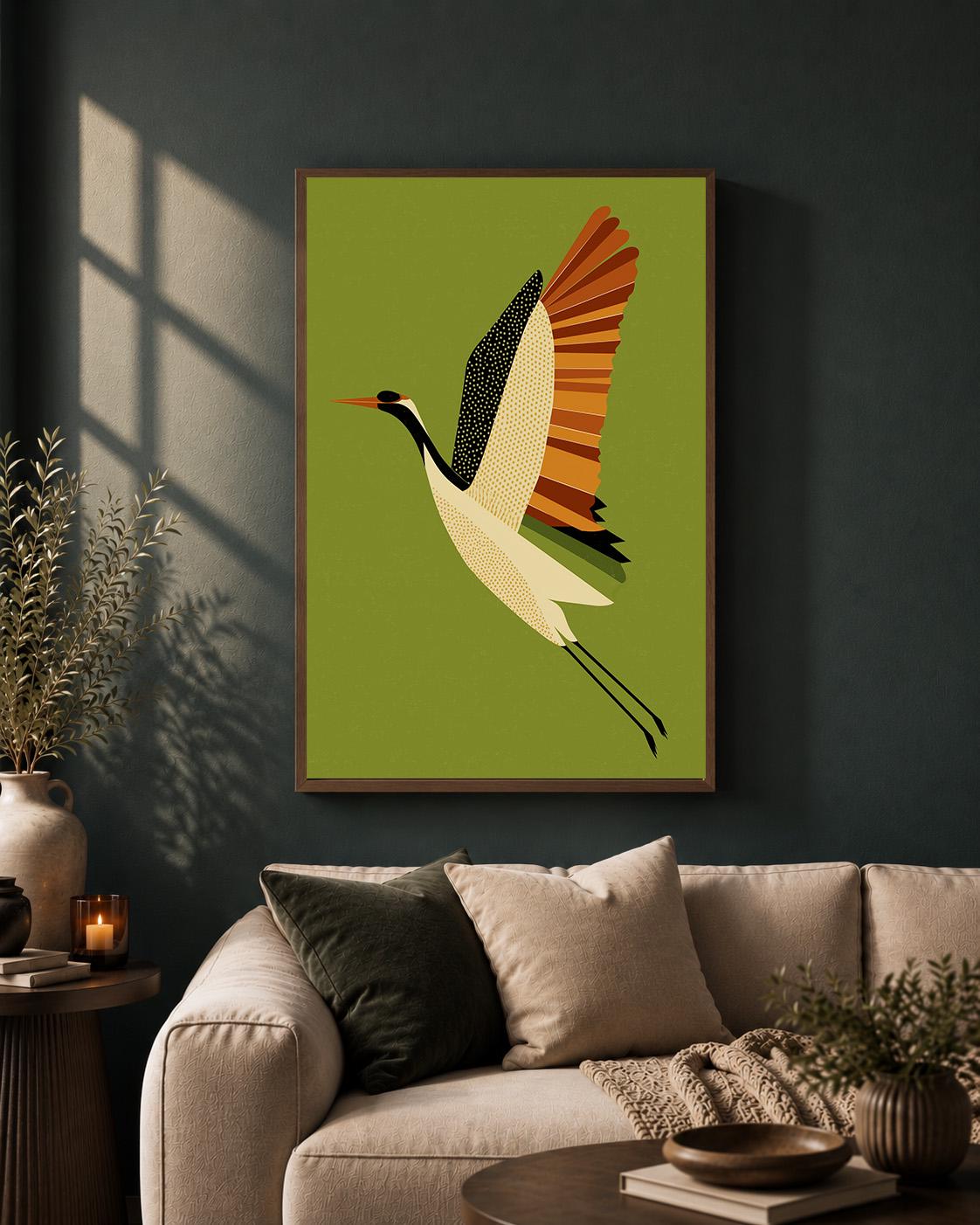 Mid Century Crane Framed Canvas Art, Olive Green Japanese Bird Print, Japandi Decor by The Wall Art Studio - physical