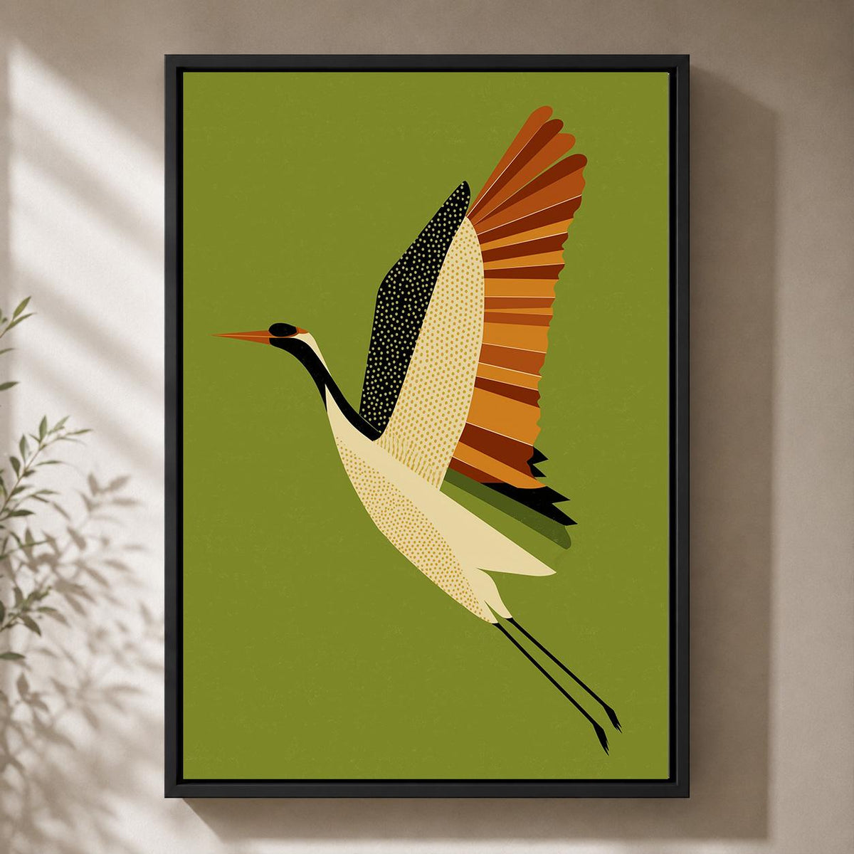 Mid Century Crane Framed Canvas Art, Olive Green Japanese Bird Print, Japandi Decor by The Wall Art Studio - physical
