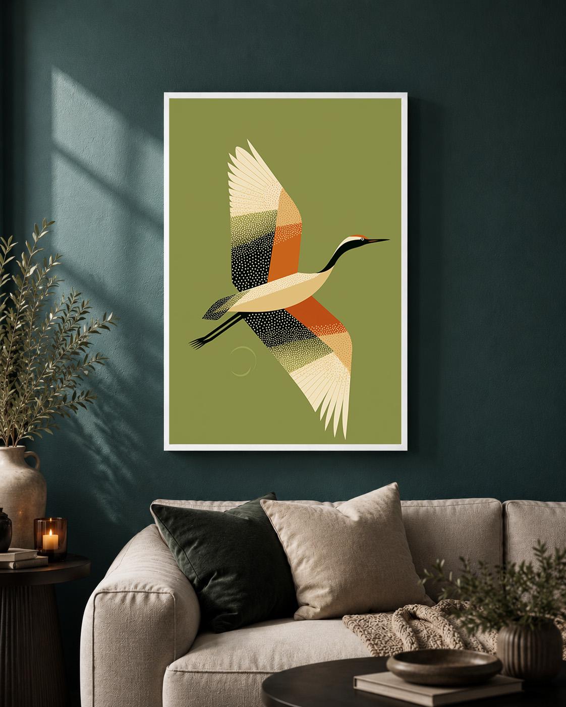 Mid Century Crane Framed Canvas, Olive Green Japanese Bird Artwork, Minimalist Retro Decor by The Wall Art Studio - physical