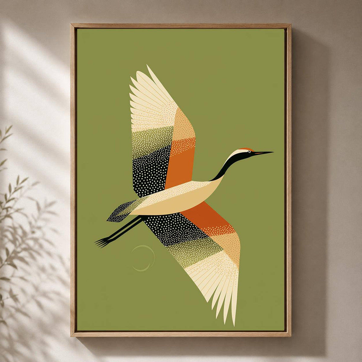 Mid Century Crane Framed Canvas, Olive Green Japanese Bird Artwork, Minimalist Retro Decor by The Wall Art Studio - physical
