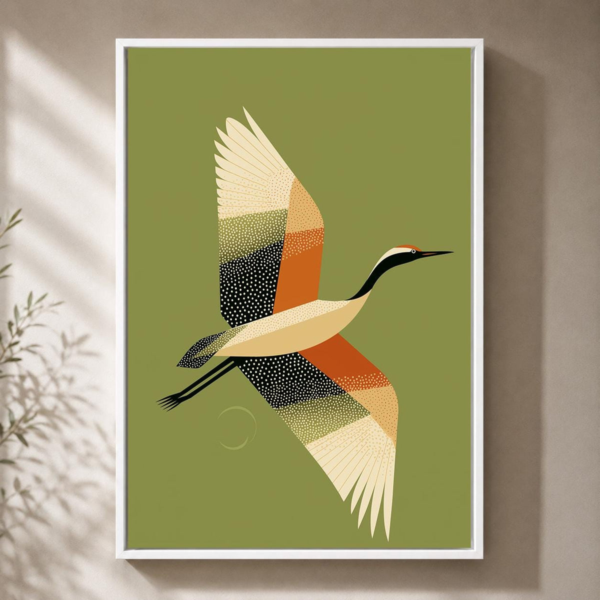 Mid Century Crane Framed Canvas, Olive Green Japanese Bird Artwork, Minimalist Retro Decor by The Wall Art Studio - physical