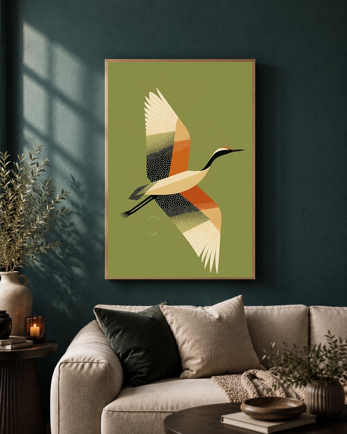 Mid Century Crane Framed Canvas, Olive Green Japanese Bird Artwork, Minimalist Retro Decor by The Wall Art Studio - physical