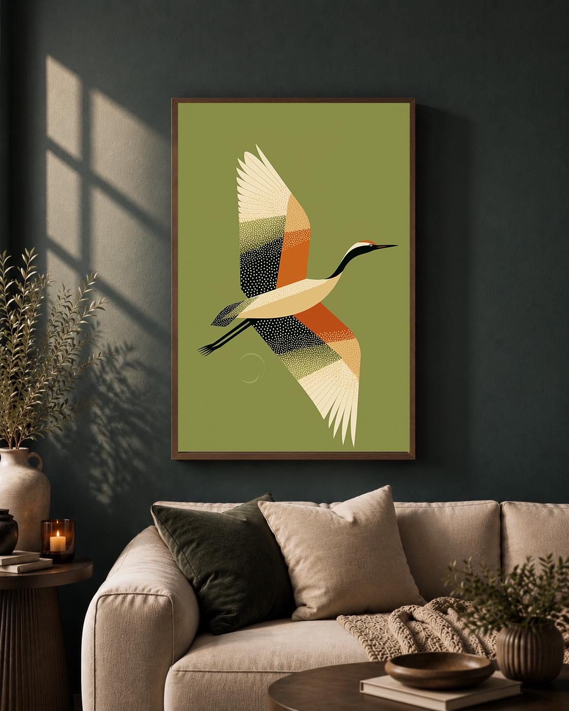 Mid Century Crane Framed Canvas, Olive Green Japanese Bird Artwork, Minimalist Retro Decor by The Wall Art Studio - physical