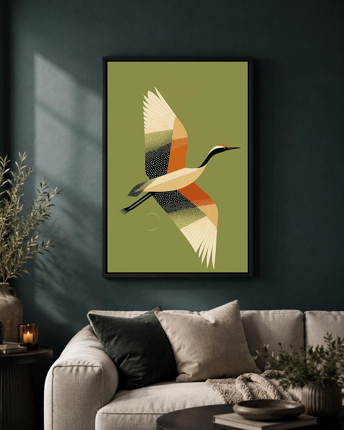 Mid Century Crane Framed Canvas, Olive Green Japanese Bird Artwork, Minimalist Retro Decor by The Wall Art Studio - physical